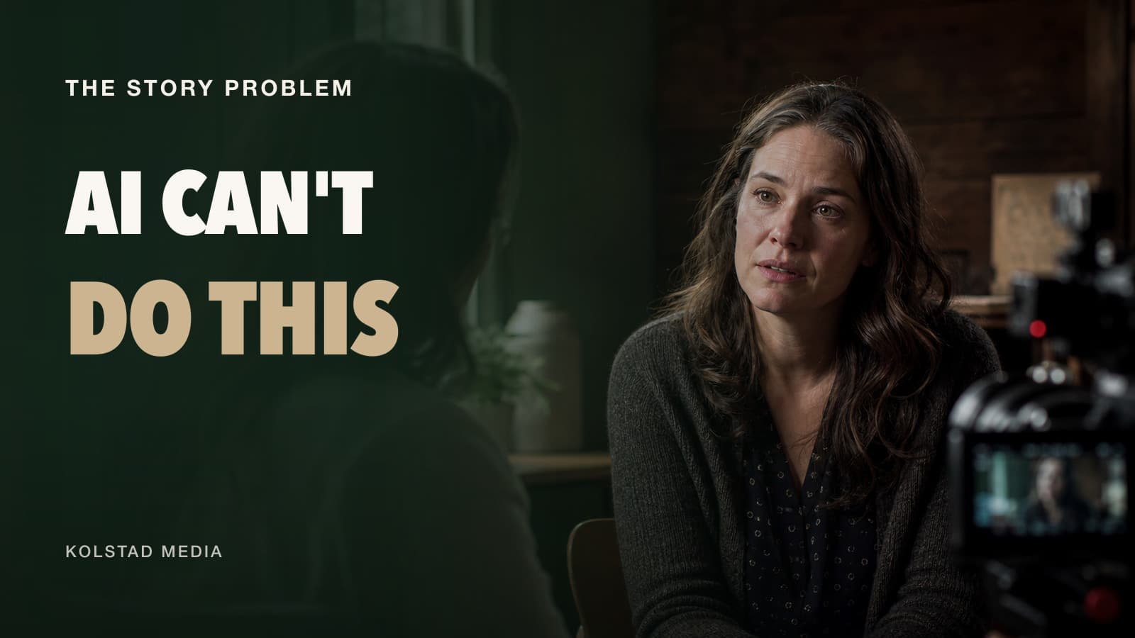 A woman sharing her story during a filmed interview with the words AI Can't Do This