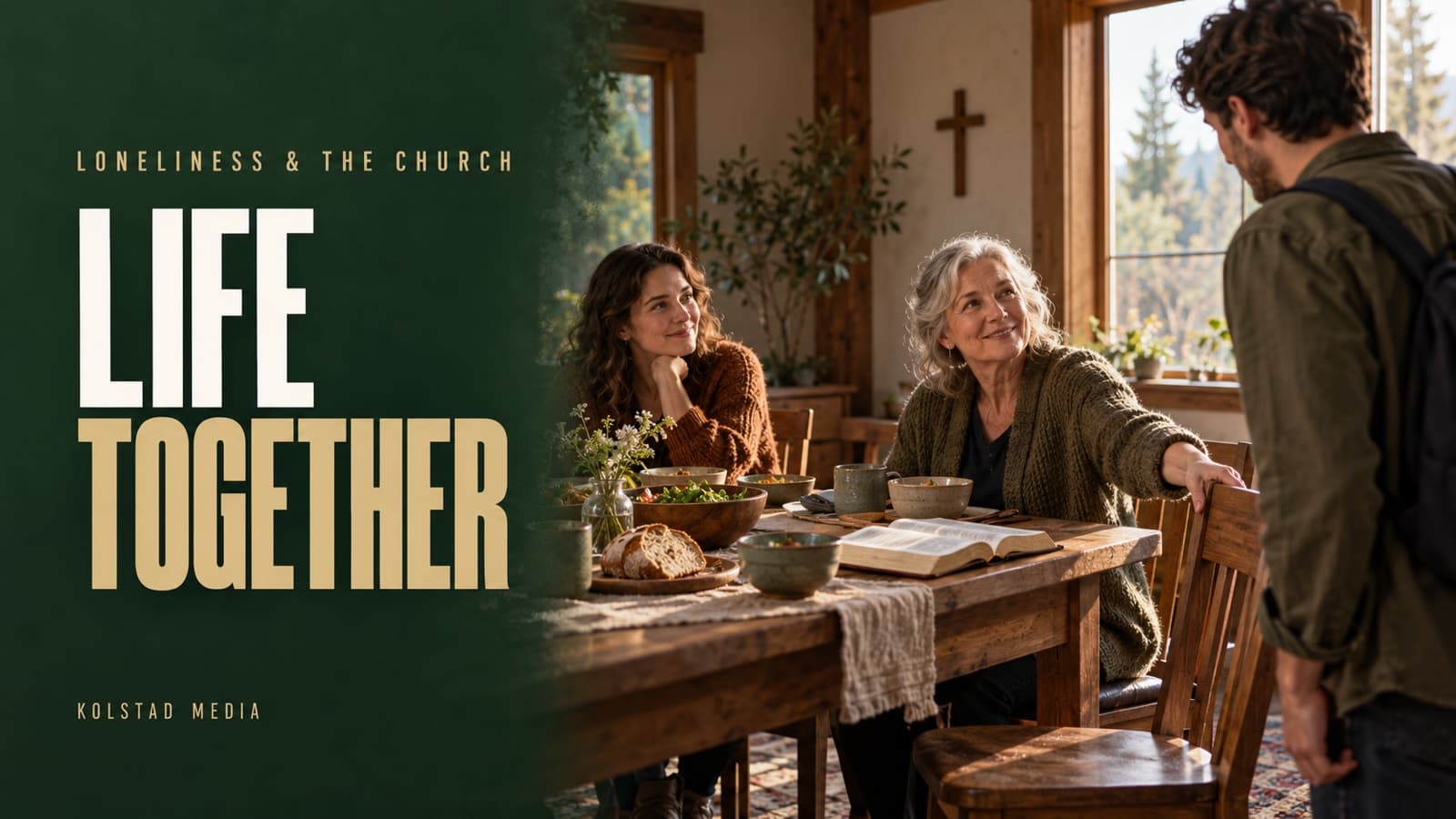 Editorial illustration of a newcomer welcomed to a shared church meal, with the headline Life Together.