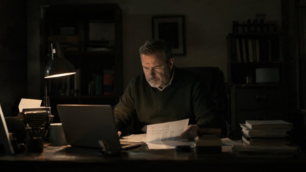 A pastor working alone at a desk late at night with printed budget pages