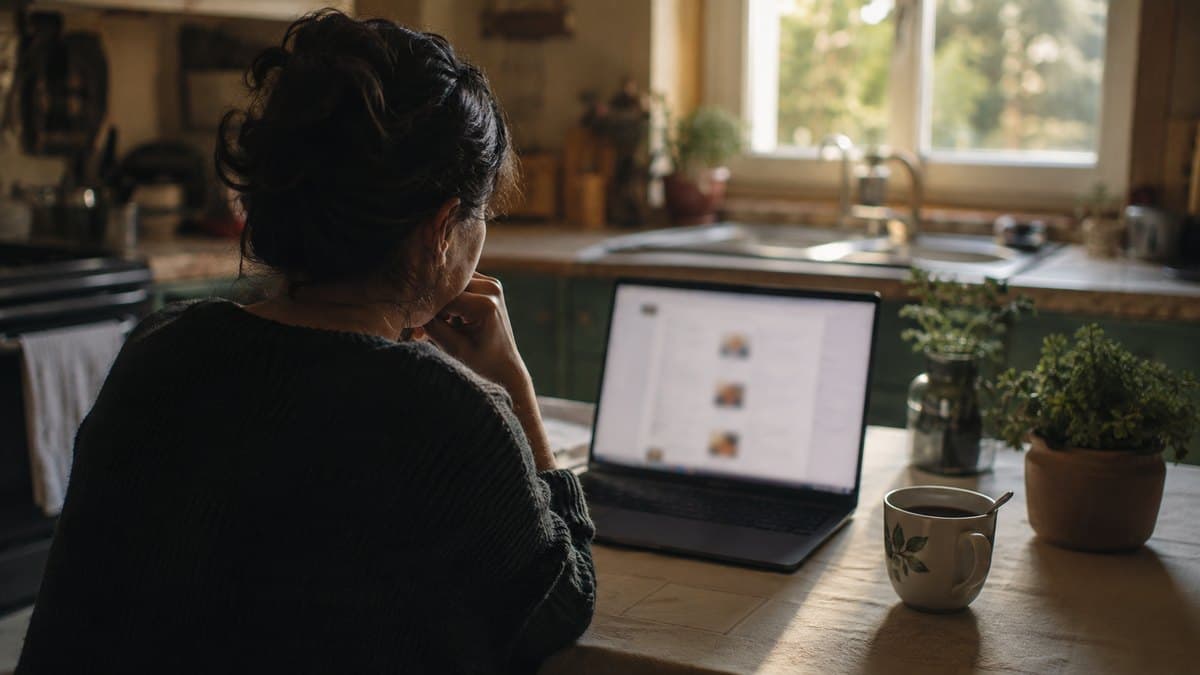 A woman looking at a laptop at her kitchen table in the morning light