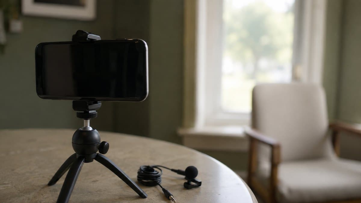 A phone on a small tabletop tripod pointed at a chair by a window, with a clip-on microphone on the table