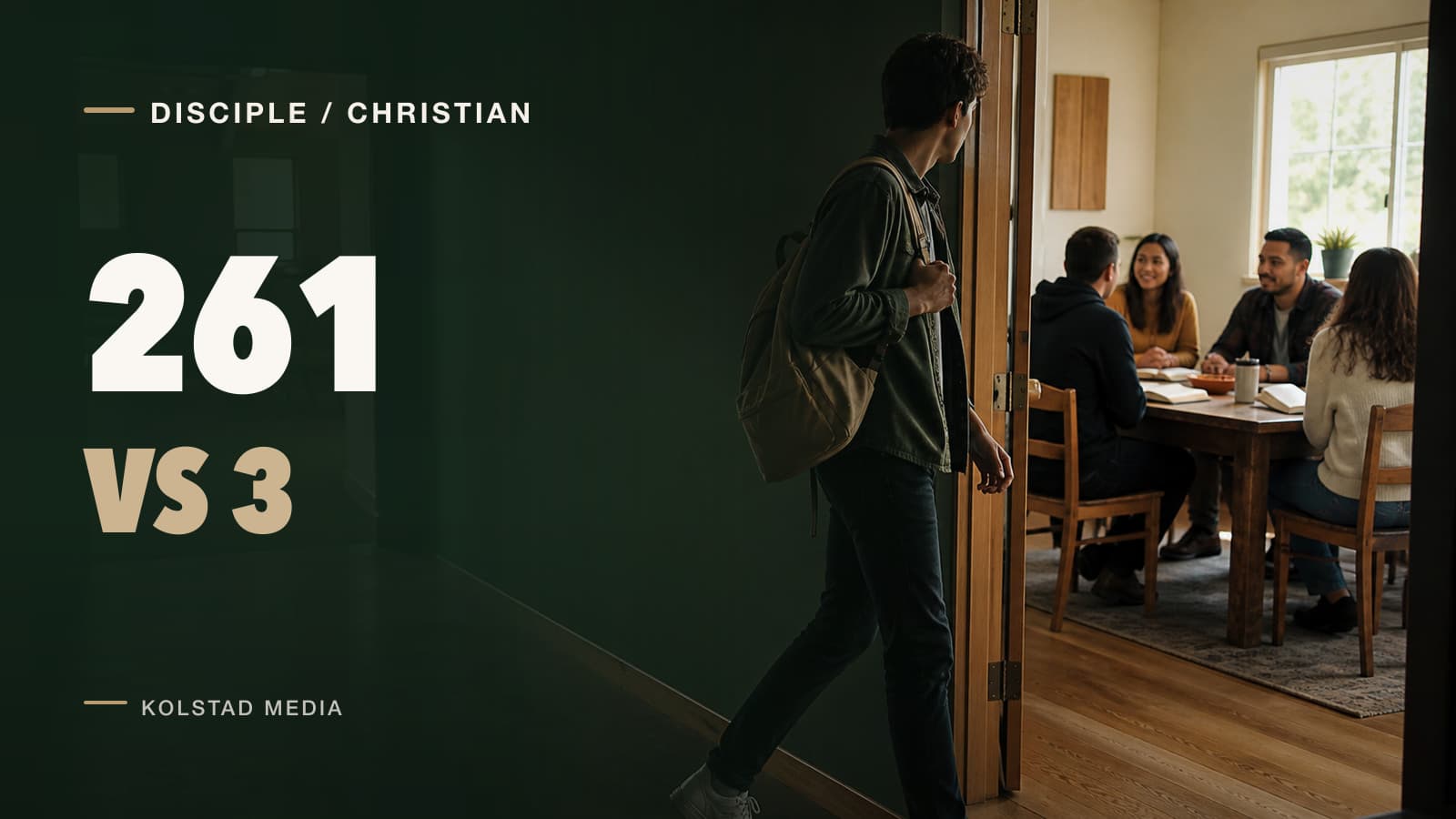 A young adult leaving empty church chairs for a discipleship table with the words 261 vs 3
